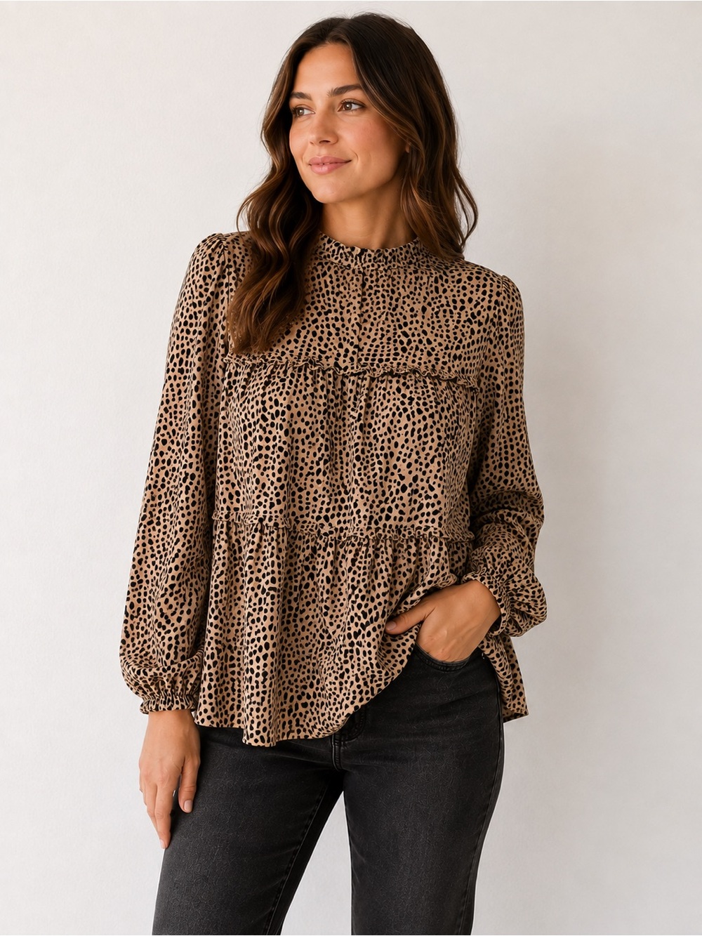 PrettyGarden Leopard Print Tiered Blouse XL | Flowy Relaxed Fit Long Sleeve Top